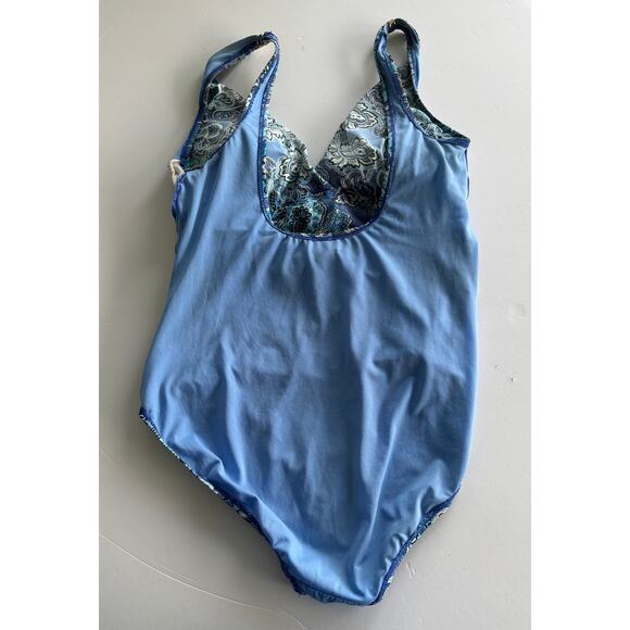 Lauren Ralph Lauren Blue Paisley Print Ruched One Piece Swimsuit Size 16 - Picture 9 of 9